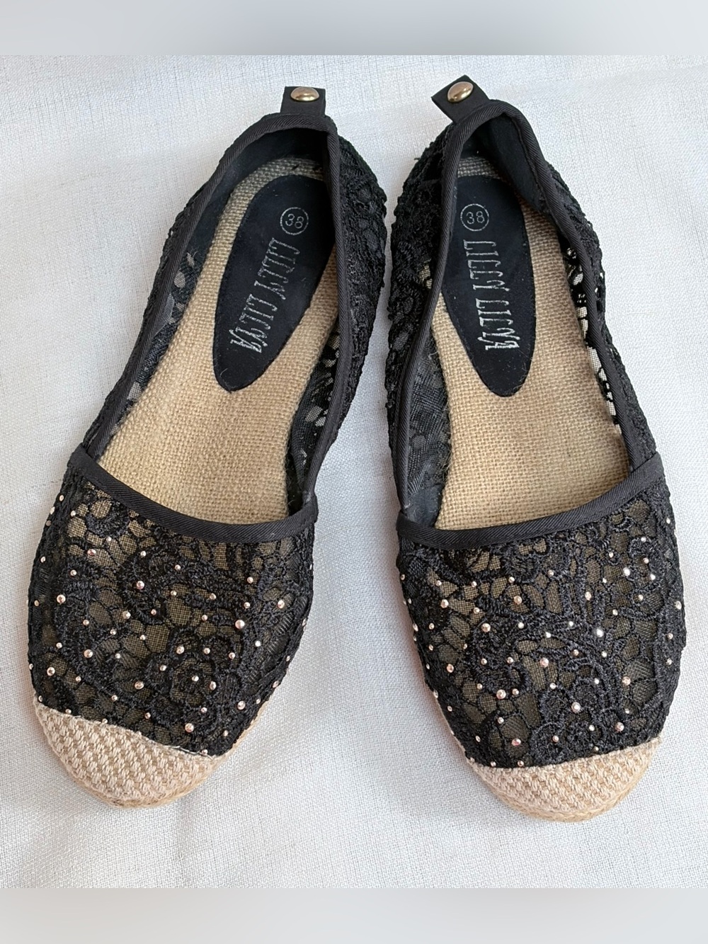 Black floral lace espadrille flats,gold stud accents,braided jute platform.Sz 8.